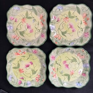 Capriware Sweet Pea Scalloped Square Salad Plates Set of 4 Floral Green Pink 9in